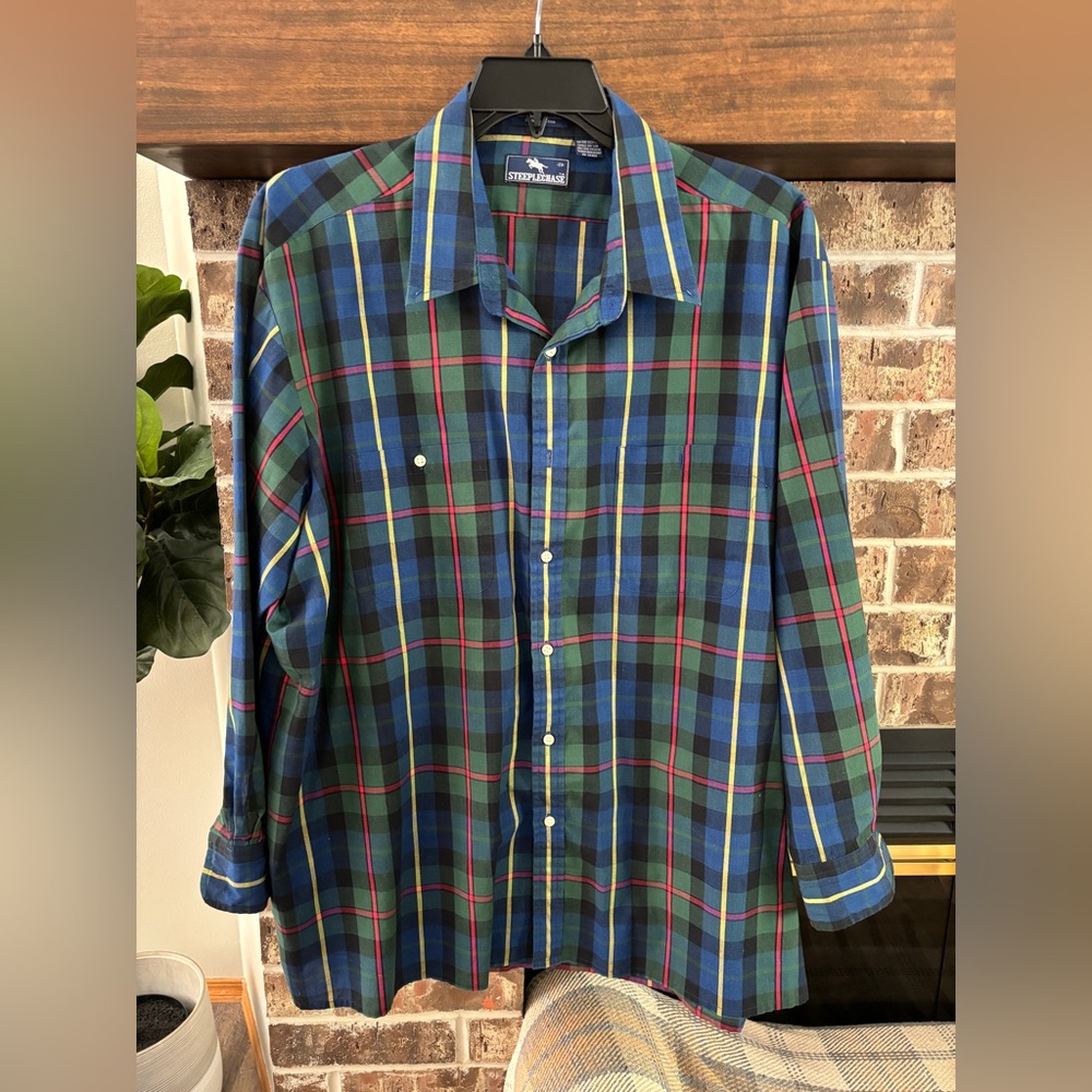 Vintage SteepleChase Colorful Plaid Shirt Size 2X, 1980s Blue Green Yellow Red